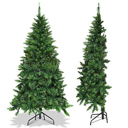 GOFLAME 5ft Prelit Christmas Half Tree, Artificial Half-Shape Christmas Tree with Premium PVC Needles and Sturdy Metal Stand, 8 Flashing Modes Christmas Trees, for Holiday Indoor Decoration