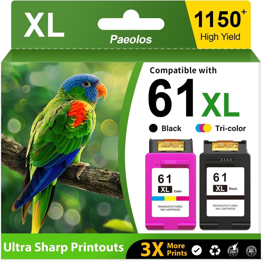 61XL Ink Cartridges Black and Color Combo Pack High Yield Replacement for HP 61 Ink Cartridges for HP61 XL for HP Ink 61 for HP Envy 4500 Ink 5530 4502 OfficeJet 4630 Deskjet 2540 Printer (2-Pack)