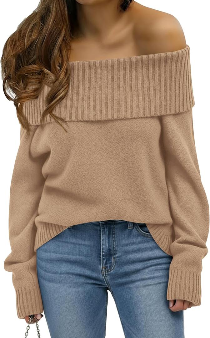 Okiwam Womens Off The Shoulder Sweater Casual Loose Knitted Long Sleeve Pullover Fall Outfits Spring Fashion Clothes 2026 (Brown), M