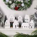 Amyhill 16 Pcs White Christmas Village Set with Cedar Pine Decor Wooden House Blocks Christmas Town Village Decor for Tiered Tray Decoration Fireplace Mantel Holiday Window Table Centerpieces