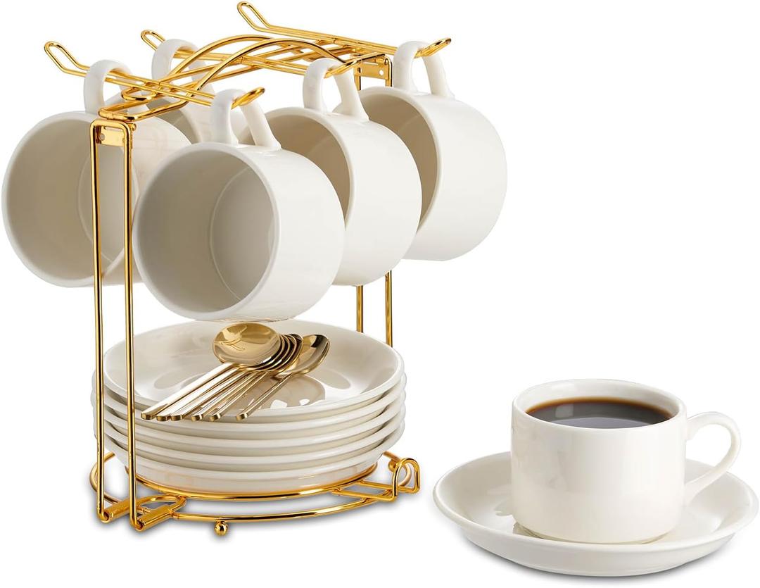 YOLIFE Espresso Cups with Saucers Set and Gold Metal Stand, 4oz Coffee Espresso Cups Set of 6, Ceramic Expresso Shots Cup with Stand & Saucers, White
