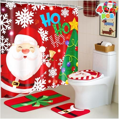 JOYIN 4 Pcs Christmas Bathroom Set with Shower Curtain, Bath Mat, Toilet Lid Cover, U Shape Rug & Hooks, Xmas Bathroom Decor Santa Claus Theme for Holiday Use Party Favors Indoor