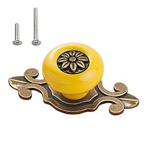 10 Pack Retro Ceramic Knobs, Vintage Dresser Kitchen Petal Cabinet Pulls Zinc Alloy Base Back Plate Kid Cupboard Wardrobe Drawer Door Handles, Yellow