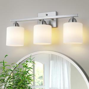 Mecgirn Stainless Steel Milk Glass Vanity Lights for Bathroom, 3 Light Brushed Nickel Bathroom Light Fixtures Over Mirror, Ceramic E26 Sockets Wall Mounted