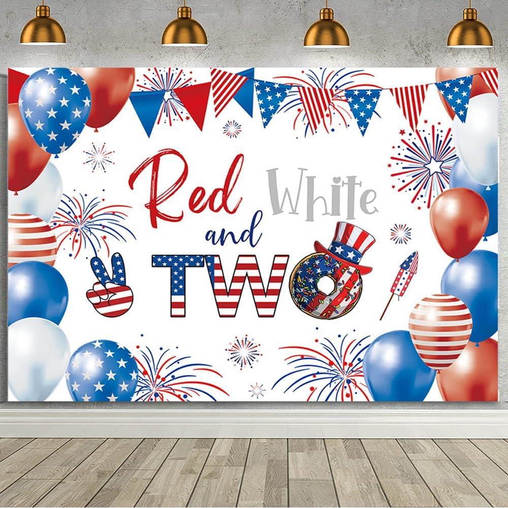MEHOFOND 7x5ft 4th of July 2nd Birthday Backdrop Red White and Two Party Decorations Banner Red Blue Independence Day Patriotic Theme 2nd Birthday Photography Background Cake Table Photo Booth Props