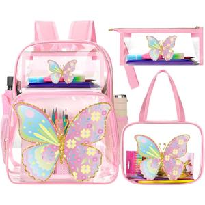 Kacctyen 3 Pcs Heavy Duty Clear Backpack Set, Rainbow, Butterfly