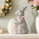 WDS WONDROUS Easter Decoration Bunny Figurine, Silver Furry Texture Rabbit with Checkered Egg & Bow, Luxury Farmhouse Spring Tabletop Centerpiece for Mantel, Shelf, Office Home Wedding Gift