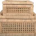 Creative Co-Op Modern Decorative Square Woven Rattan and Wood Display Boxes with Glass Top, Set of 2 Sizes, Natural Finish
