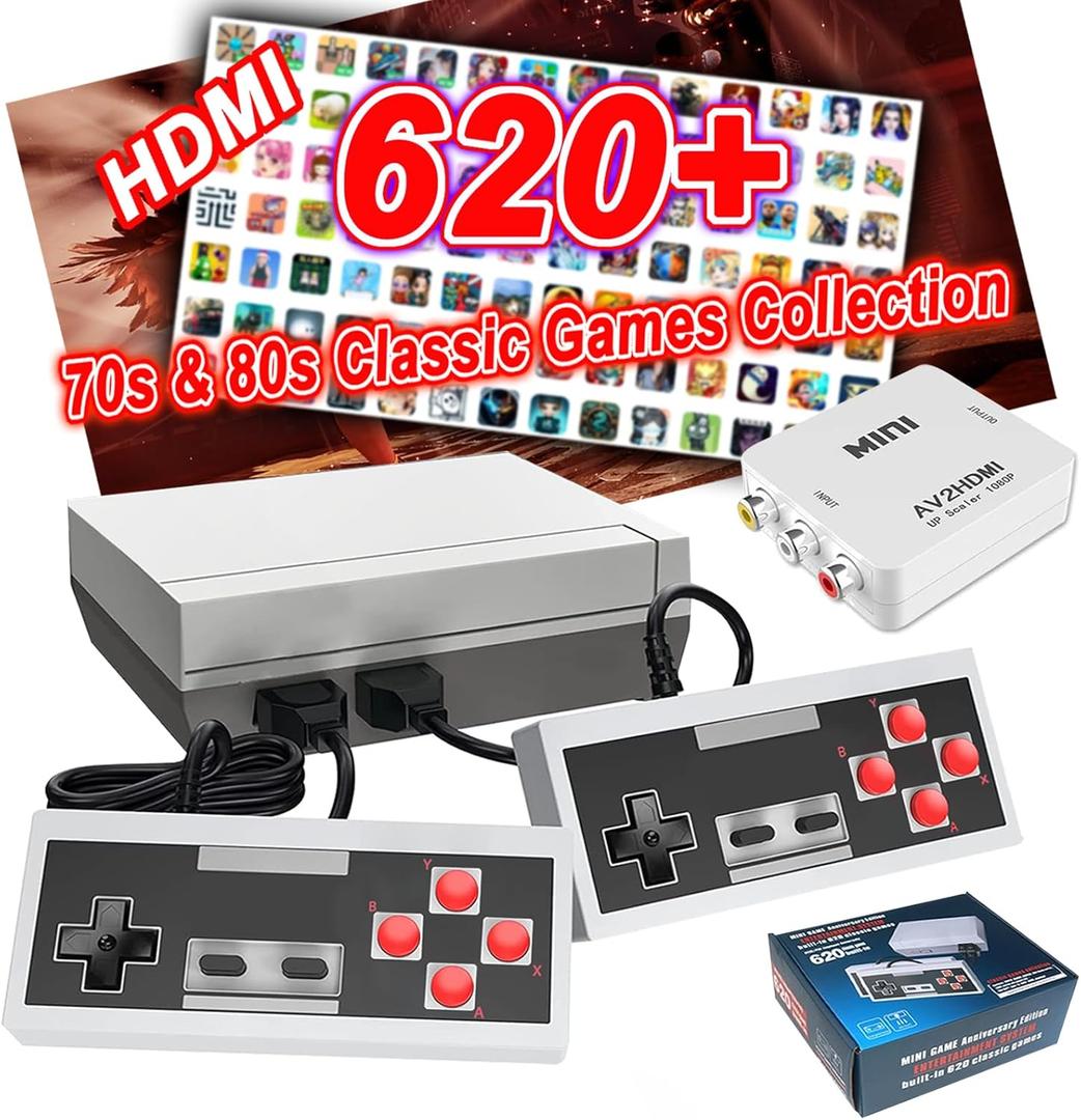 NEW 620 Retro Game Console, 8-Bit Classic Video Gaming Consoles Built-in with 620 Games and 2 Controllers for Gifts- HDMI and AV Output Retro Gaming Console