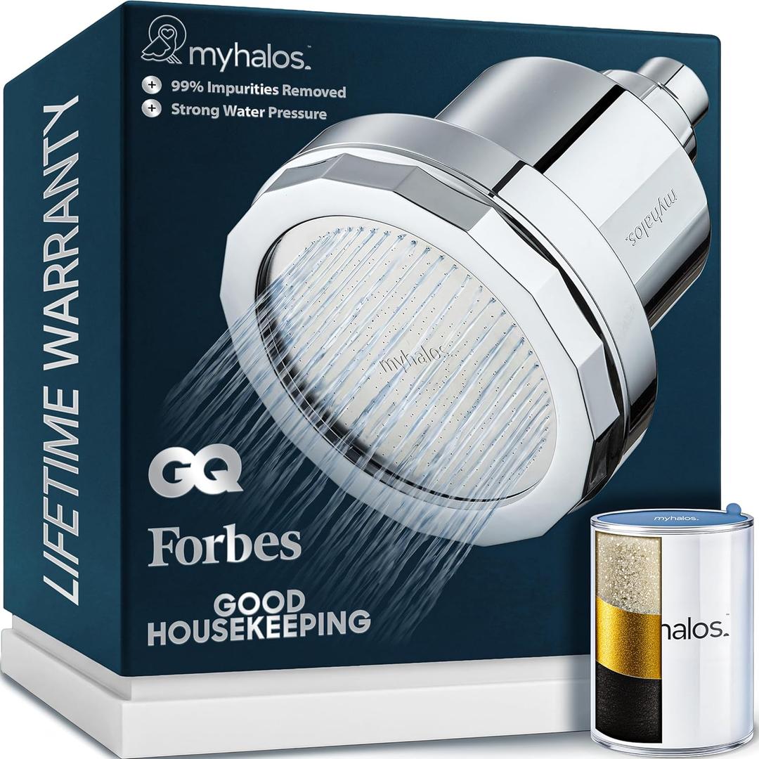 MyHalos Filtered Shower Head for Hard Water Filter - High Pressure, Removes Chlorine - Shower Head Filter for Hard Water Softener Showerhead, Easy Install, For Hair & Skin, Filtering (Chrome)