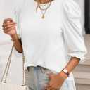 Tankaneo Womens 3/4 Length Sleeve Tops Dressy Casual Blouse Puff Sleeve Cute Trendy T Shirts with Smocked Cuffs (White, L)