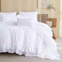 QSH White Ruffled Comforter Twin Size,3PCs Farmhouse Shabby Boho Chic White Bedding Comforter Twin Vintage Lightweight Fluffy Microfiber Bedding Set