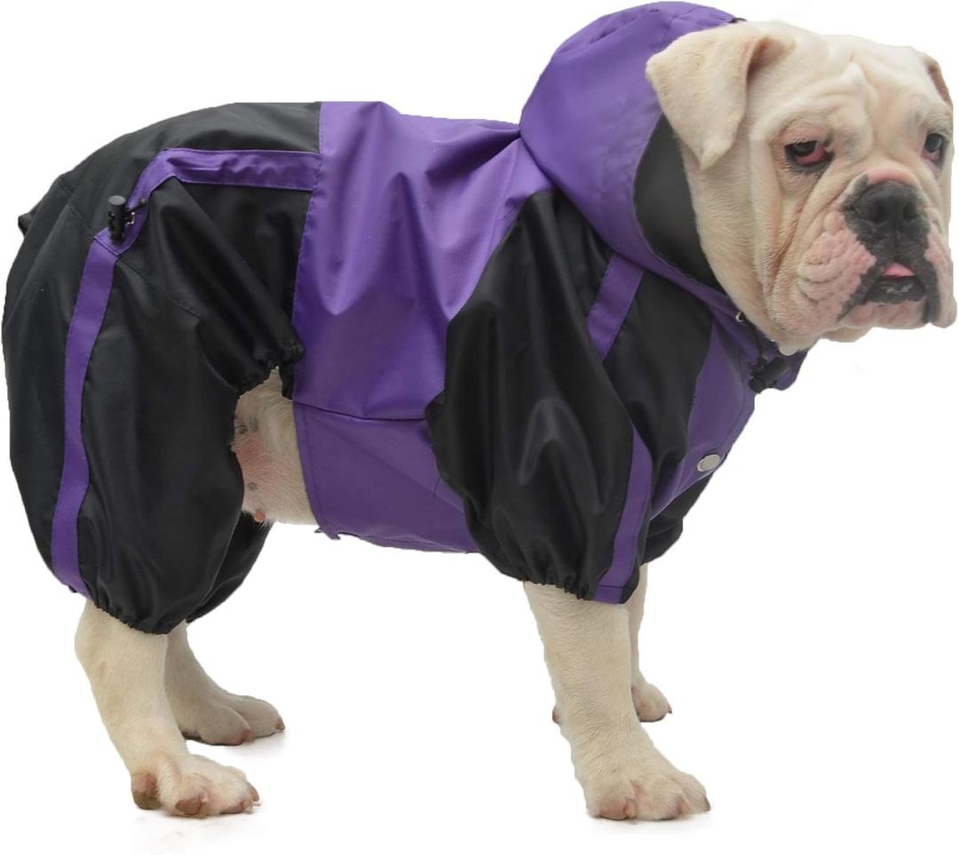 Lovelonglong American Bully Pitbull Dog Hooded Raincoat, Bulldog Rain Jacket Poncho Waterproof Clothes with Hood Breathable 4 Feet Four Legs Rain Coats for Pugs English French Bulldog Purple B-XL