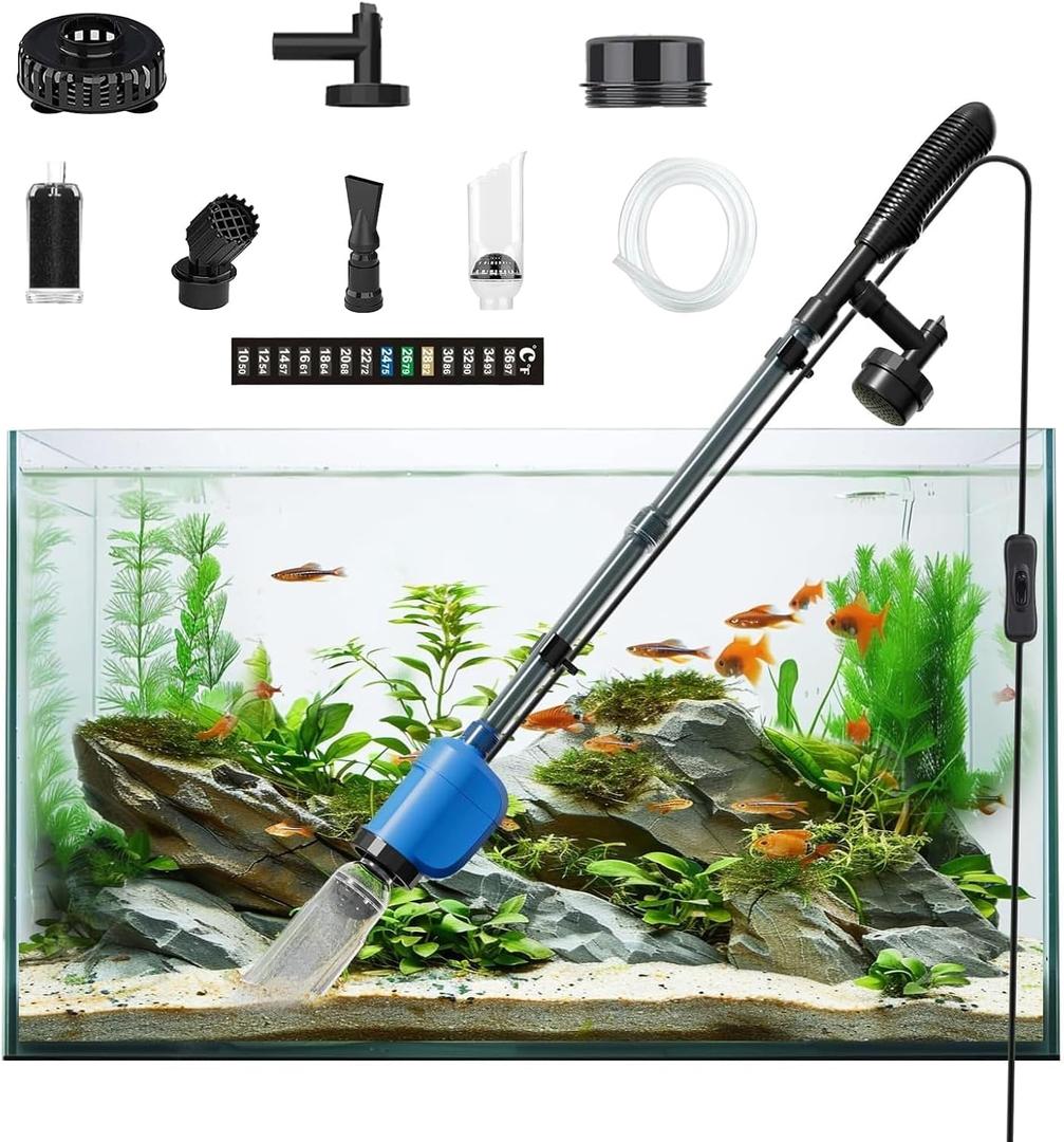 6-in-1 Electric Aquarium Gravel Cleaner  530GPH Powerful Fish Tank Vacuum with Sand Washer, Water Changer & Debris Remover, Quiet 32W Pump, Adjustable Telescopic Pole (Blue) (Blue)