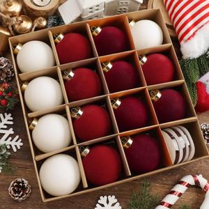 15 Pcs Velvet Christmas Ball Ornaments 3.15 Inch Flocked Christmas Tree Ornaments with 10 Yards Velvet Ribbon Burgundy Red White Shatterproof Xmas Baubles for Tree Holiday Decor