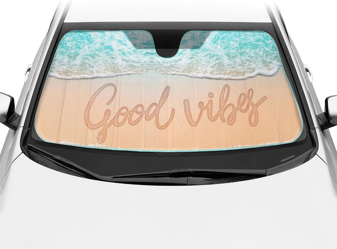 BDK Good Vibes Beach  Parasol para parabrisas delantero, plegable en acorden, para automvil, camin, todoterreno, bloquea los rayos UV, protector de visera, mantiene tu vehculo fresco, de 58 x 27 pulgadas, nmero de modelo: AS-781