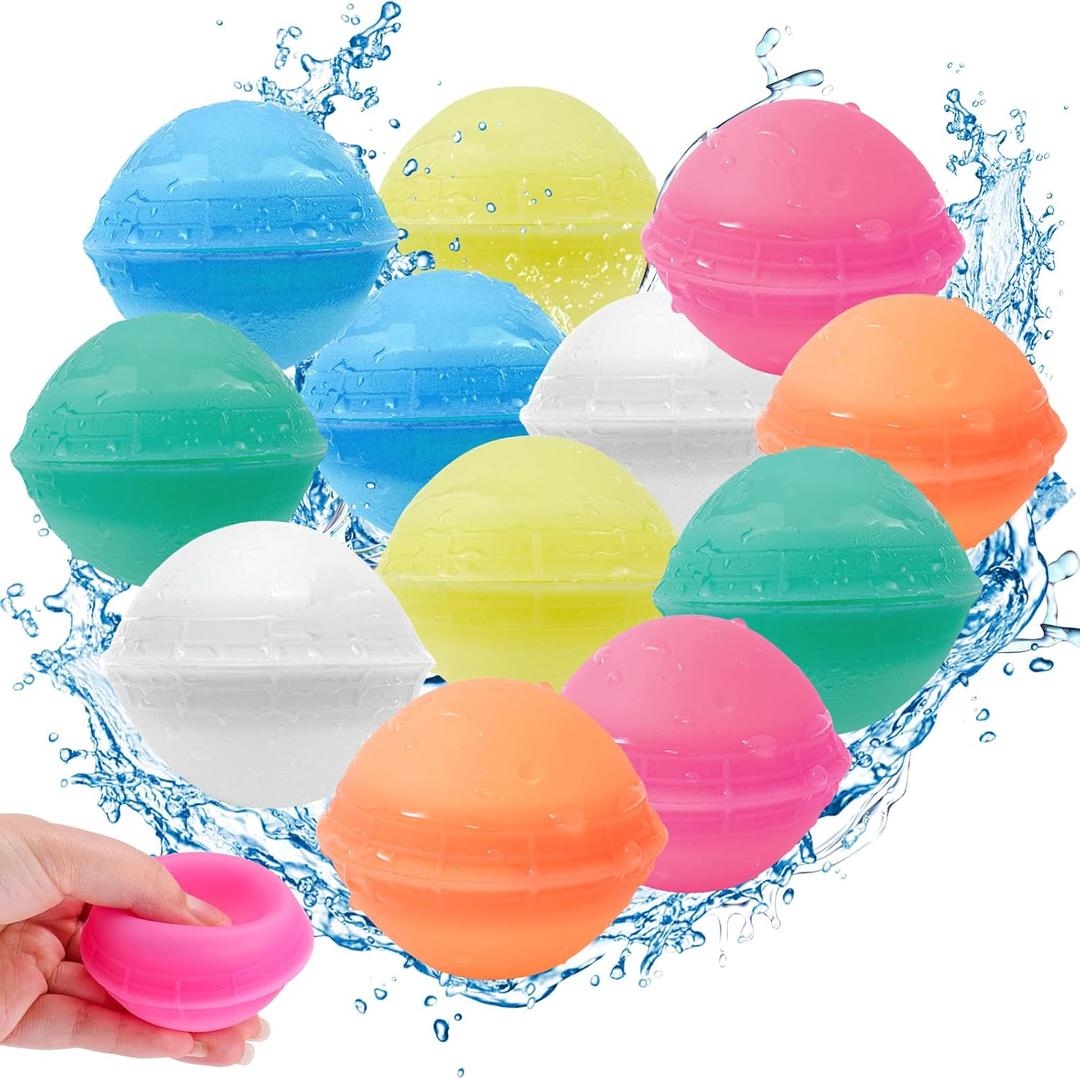 AROIC 12Pcs Reusable Water Balloons, Refillable Splash Balls for Kids and Adults, Soft Silicone Pool Beach Toys, Quick Fill Water Bombs for Summer Outdoor Games, Backyard Party Supplies Birthday Gifts