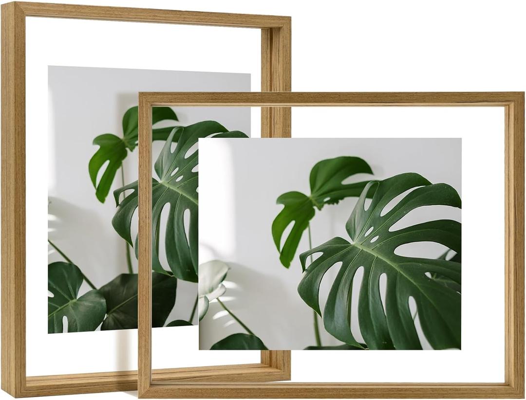 Egofine 11x14 Floating Frames Set of 2, Double Plexiglass Picture Frame, Made of Solid Wood Display Any Size Photo up to 11x14, Wall Mount or Tabletop Standing, Carbonized