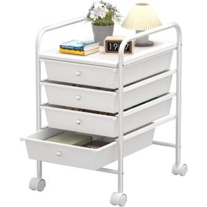 4 Tier Utility Rolling Cart with 4 Drawers Multipurpose Rolling Storage Cart with Wheels and Handles for Office Classroom Kitchen Bathroom Bedroom Organization White