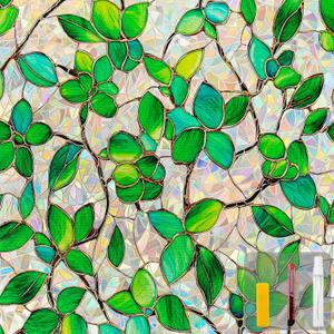 COUNTEWOL Window Privacy Film with Installation Tools Home Decorative Colored Glass Window Stickers Reusable electrostatic Rainbow Stickers (Greenery Leaf, 23.6 x 78.7 in)