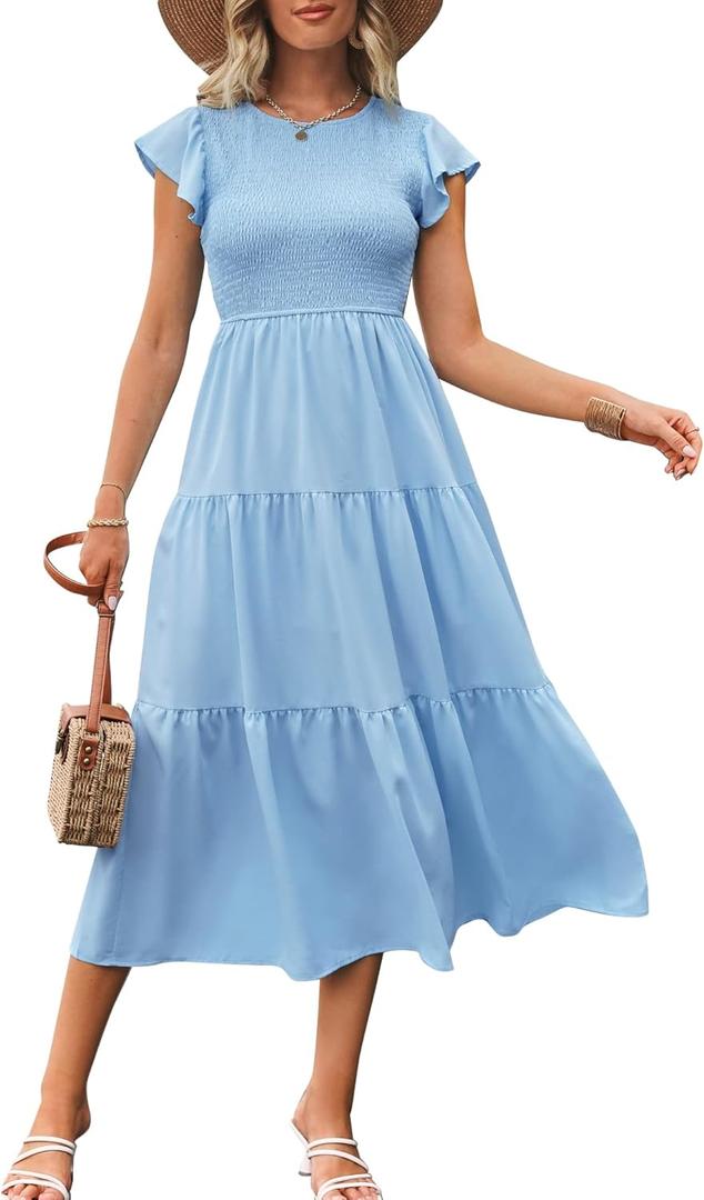 Women's Summer Casual Flutter Sleeve Crew Neck Smocked Maxi Dress Tiered Ruffle Flowy A-Line Long Dresses (Light Blue, Large)