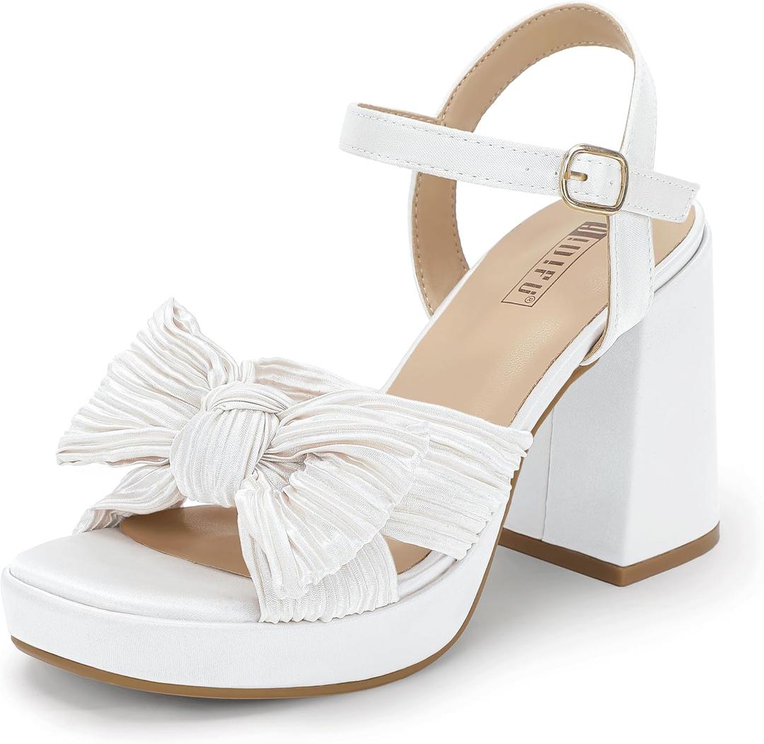 IDIFU IN4 Platform Chunky Block High Bow Heels Square Open Toe Slingback Heeled Sandals Bride Bridesmaid Wedding Bridal Prom Dress Shoes Comfortable Dressy Cute Ankle Strap Thick Heels (7.5, White Satin)