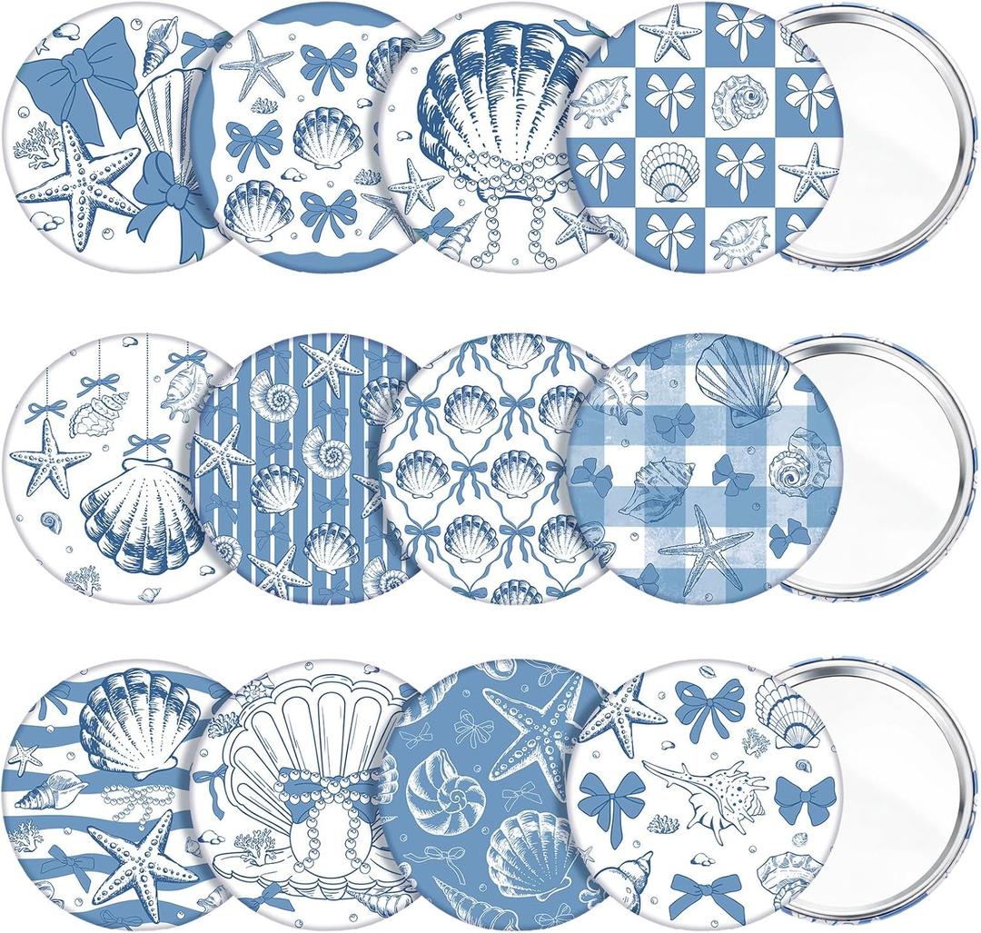 Geelin 24 Pcs Blue Seashell Bow Party Compact Mirrors 2.7'' Portable Travel Makeup Mirror for Purse Pocket Cute Mini Folding Handheld Mirror for Wedding Bridal Shower Bachelorette Party Favors Gifts