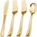 BESTVIP 200PCS Gold Plastic Silverware, Gold Disposable Utensils, Heavy Duty Cutlery Set of 100 Forks, 50 Spoons, 50 Knives for Parties, Weddings, Catering and Daily Use