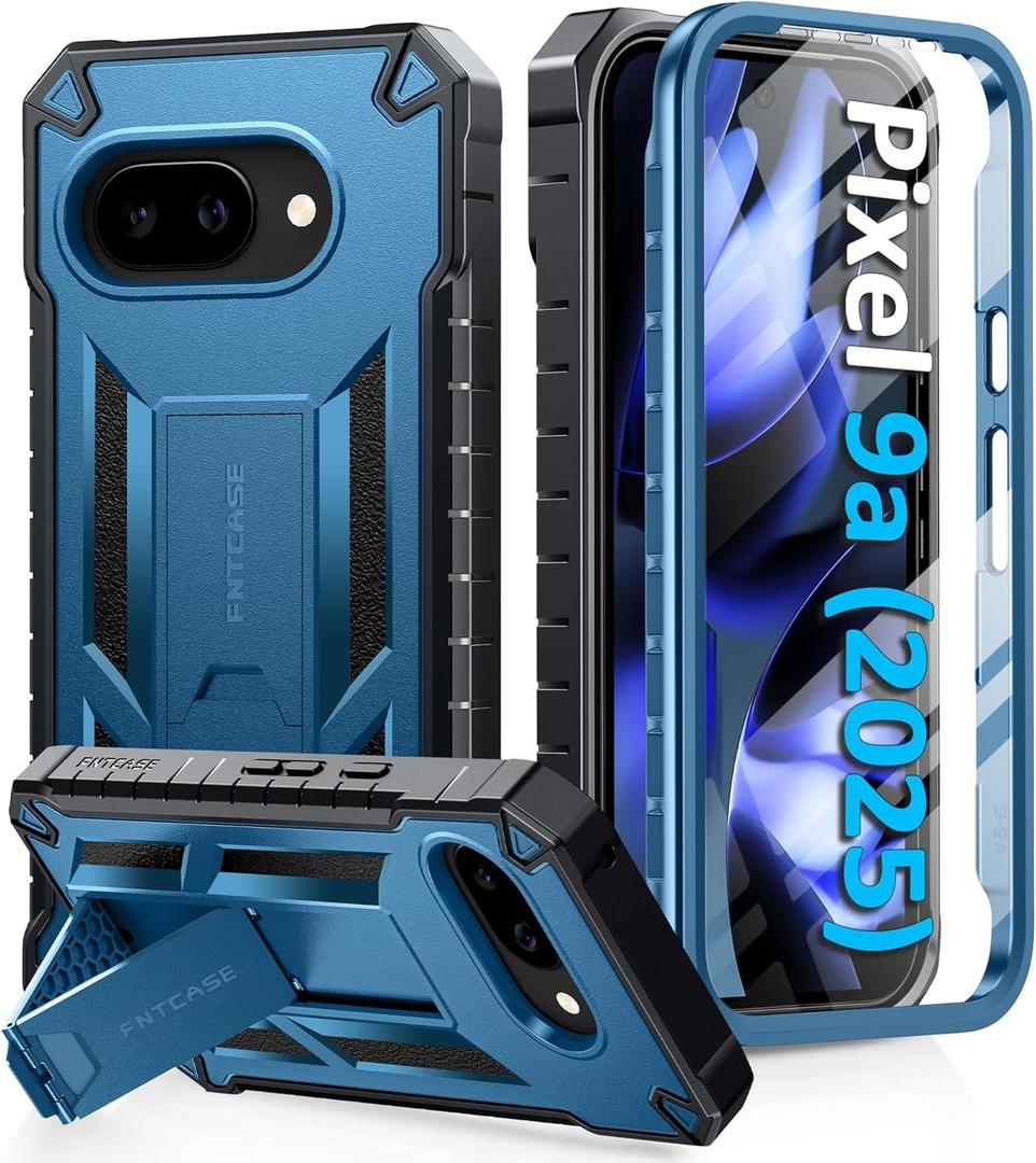 FNTCASE for Google Pixel 9A Case: Military Grade Drop Proof Protection Mobile Cover with Kickstand | Matte Textured Rugged Shockproof TPU | Protective Sturdy Phone Case - Blue