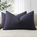 12x20 Pillow Covers Set of 2 Decorative Linen Lumbar Pillow Covers Solid handcrafted Striped Cushion Covers for Bed Soft Modern Farmhouse Neutral Pillowcase for Couch Bedroom Living Room (Dark Navy)