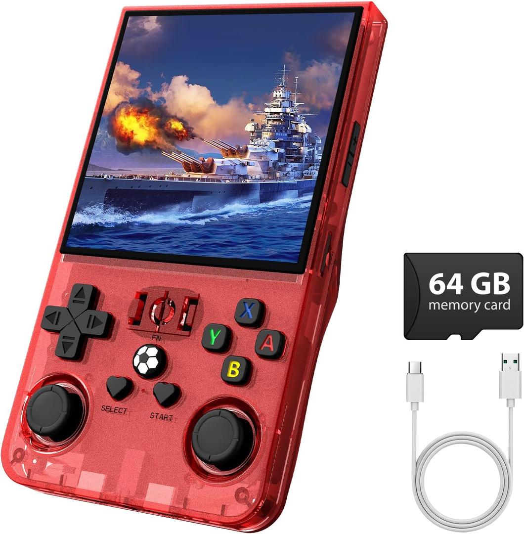 R36MAX Retro Gaming Console, Retro Handheld Games Console with 64GB TF Card, Portable Hand Held Open Source Linux System, 4.0 inch IPS HD Screen Video Game Consoles, 4000mAh Battery,Transparent Red