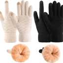 Women's Winter Warm Touch Screen Gloves Womens Thermal Cable Knit Wool Fleece Lined Glove for Cold Weather (Black+Beige)