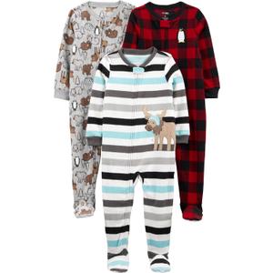 Simple Joys by Carter's Baby-Boys Loose-Fit Flame Resistant Fleece Footed Pajamas, Size 12 Months  (Buffalo Check/Polar Bear/Stripe)