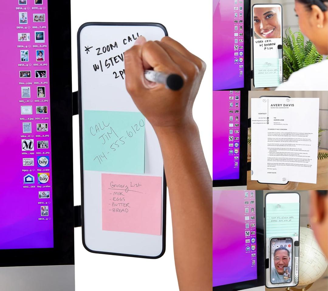 Removable Multi-Use Laptop and Monitor Memo Board; 11.8" x 4.3" Magnetic Whiteboard, Black Brackets, Marker, Mirror, and 4 Magnets Included; Document Holder; Small Dry Erase Board; Sticky Note Holder