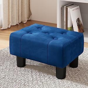 LUE BONA Small Foot Stool Ottoman, Velvet Tufted Footrest with Plastic Legs, 9''H, Rectangle Foot Stools for Adult with Non-Slip Pads, Footstool for Living Room,Couch, Navy Blue