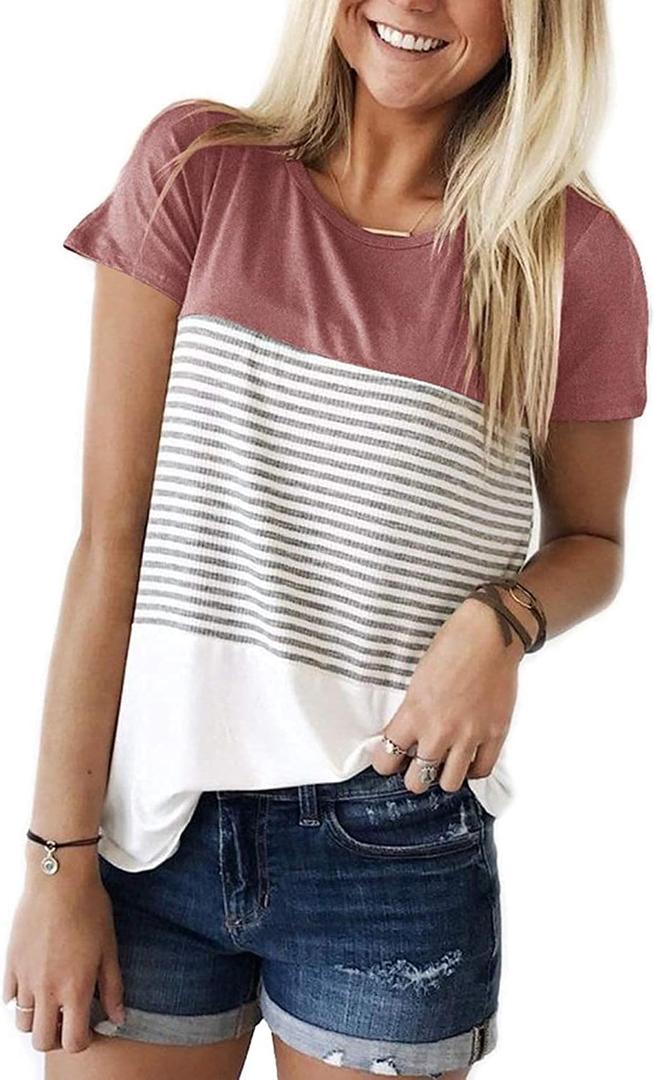 Womens Crew Neck Short Sleeve Tees Color Block Striped T-Shirt Casual Loose Fashion Tee Tops (S)