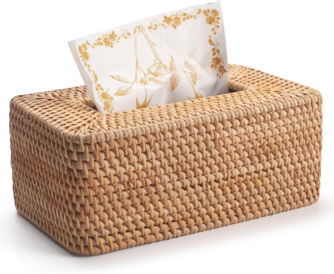 Rattan Tissue Box Cover Natural Woven Facial Napkin Holder Rectangular 10 x 6.1 x 4.1 Inch (Natural)