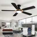 52" Modern Ceiling Fans with Lights and Remote Control/APP 5 Blades Black Low Profile Ceiling Fan LED Dimmable Flush Mount Ceiling Fan with Light for Living Dining Room Patio Kitchen