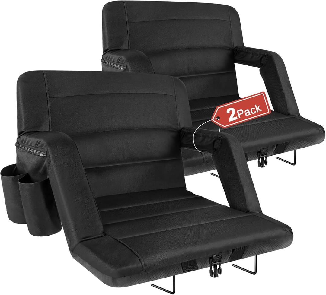 Stadium Seats with Back Support 2 Pack Wide, Exclusive Bleacher Chairs with Back and Cushion Folding Stadium Chairs, 6 Reclining Positions Waterproof Bleacher Seats (Wide|22.5" Black)
