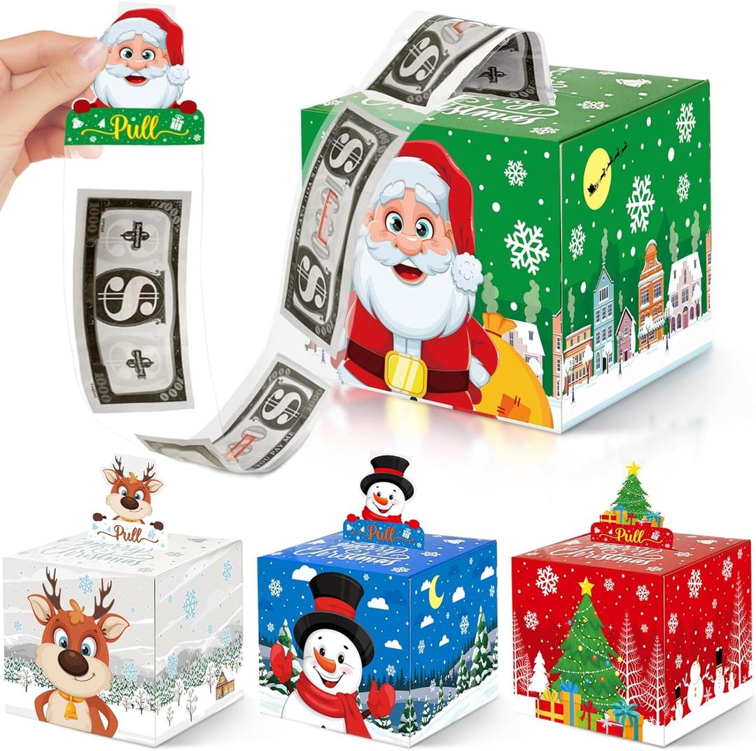 4 Pack Christmas Money Box for Cash Gift Pull,Christmas Tree & Snowman & Santa & Elk Money Gift Boxes for Cash with Pull Out Card DIY Set Surprise Merry Box (Classic Christmas)