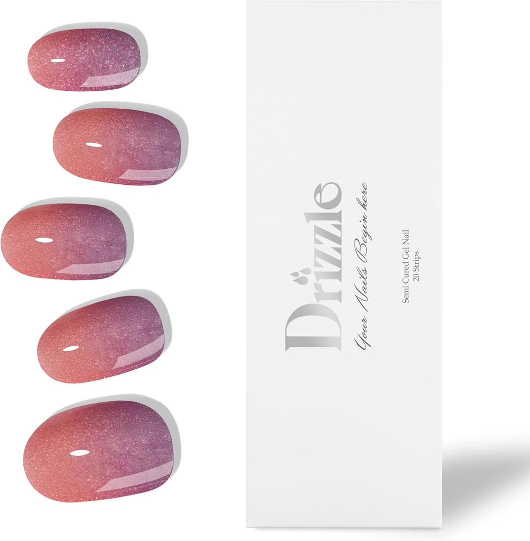 Drizzle Semi Cured Gel Nail Strips, Real Nail Polish Art Stickers (UV Light Required),Glitter, Solid Color, Full Wraps Long Lasting Waterproof, Nail Strips Decal for Women (Nadia) (1)