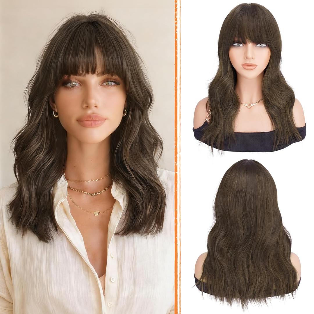 Haloo Brown Wigs with Bangs - 19 Inch Natural Wavy Synthetic Heat Resistant Medium Length Hair Wigs for Women Daily Party, Brown with Highlights