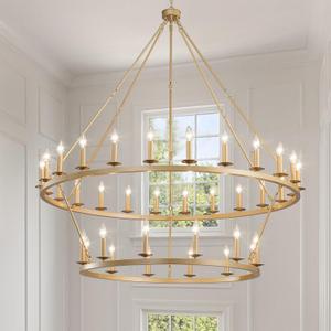 Gold Wagon Wheel Chandelier 2 Tier 53-Inch 36-Light,Extra Large Circle Rustic Farmhouse Light Fixture,Round Metal Chandeliers for Foyer Entryway Dining Room Living Room High Ceilings