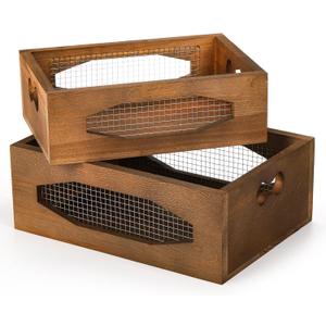 Okllen Set of 2 Wooden Nesting Countertop Baskets, Decorative Wood Storage Box Farmhouse Rustic Crate with Cutout Handles for Bread, Fruit, Vegetables, Kitchen, Bathroom, Pantry Supplies, Brown