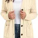 GRECERELLE Women's Long Sleeve Loose Knit Cable Open Front Button Down Cardigan Sweater Outerwear Coat with Pockets(Large, Off White)