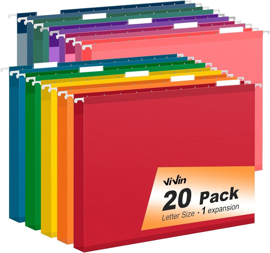 ViVin 20 Pack Letter Size Hanging File Folders with 20 Per Box, 1/5-Cut Adjustable Tabs, 1 Inch Expansion, Hanging Folders Designed for Office Bulky Files, Filing Cabinets(Multicolored)