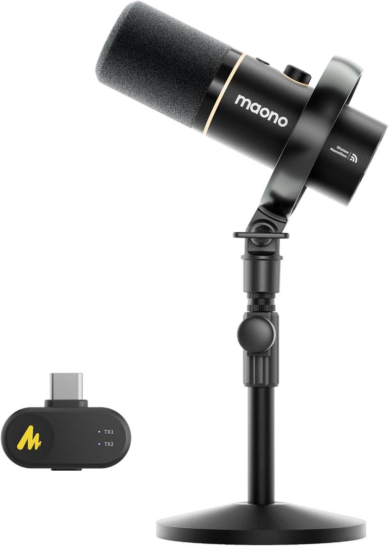 MAONO PD200W Hybrid Wireless Podcast Microphone for PC, Dynamic XLR USB Mic with Desktop Stand, Software, Noise Cancellation, for Vocal Recording, Streaming, Content Creation, Home Studio, Voiceover