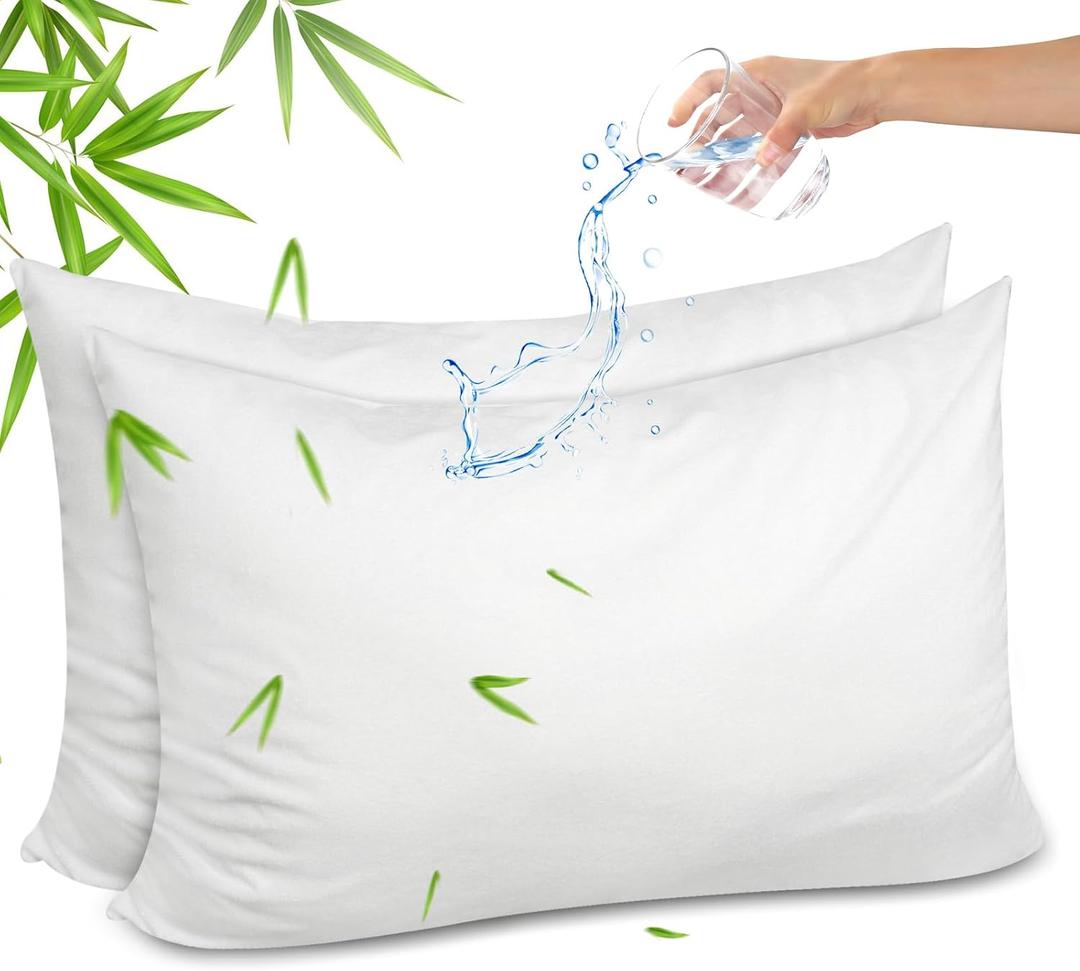 Gogreen Bamboo Rayon Waterproof Pillow Protector, Breathable Pillow Cover, Cooling Pillow Case Protector with Zipper, Super Soft Pillow Case Cover with Zipper (2 Packs, Queen 20"x30", White, Terry)