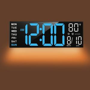 TrophyRak 16" Large Digital Wall Mount Clock, Count Down Timer, Alarm, Big LED, RGB Color, DST, Temperature for Living Room Classroom Desk, Wall, Xmas, Birthday Gift for Senior Mom Dad, Blue White