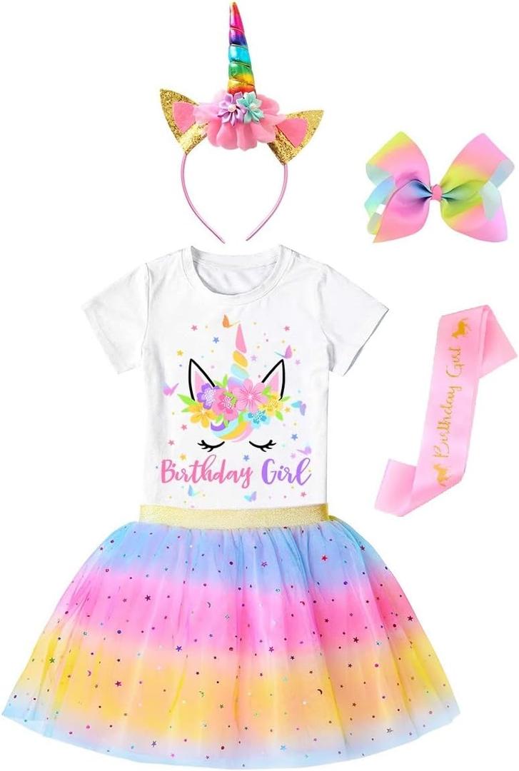 Doctor Unicorn Girls Birthday Costume Outfit Set Pink Yellow Blue Tutu, Unicorn Shirt, Headband, Hair Bow & Birthday Sash (4-5T)